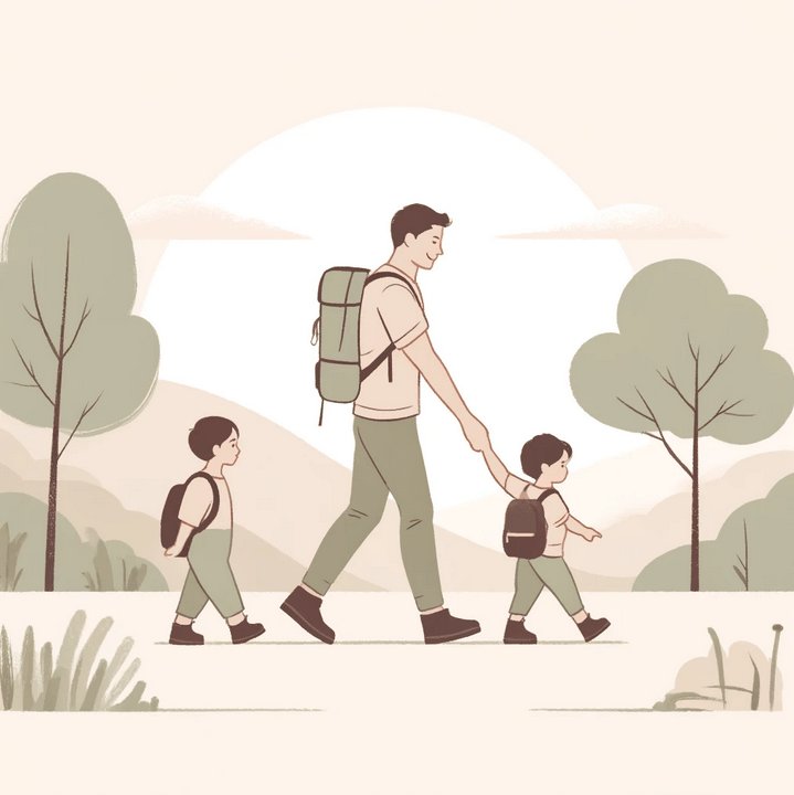 Un papa qui fait de la randonnée avec deux jeunes enfants dans la nature
